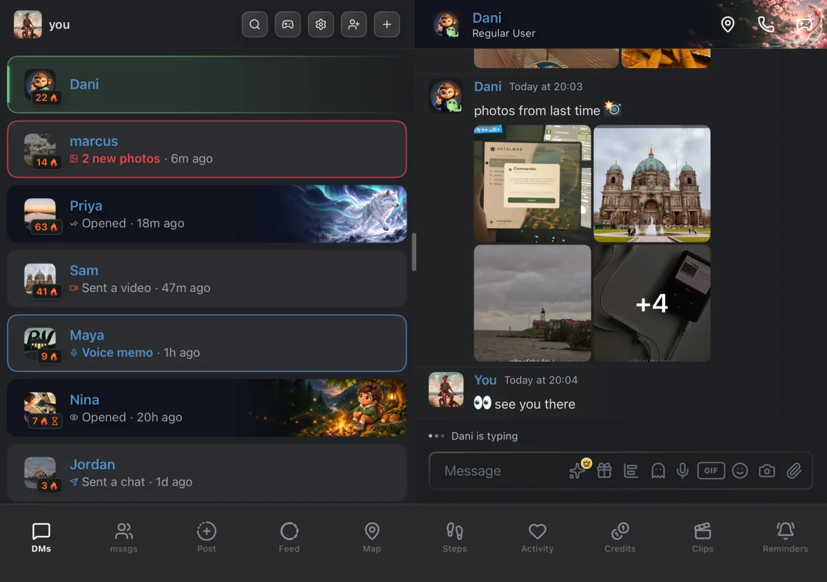 Screenshot of the mssgs app: Your DMs with their nameplates beside an open chat on the iPhone Duo