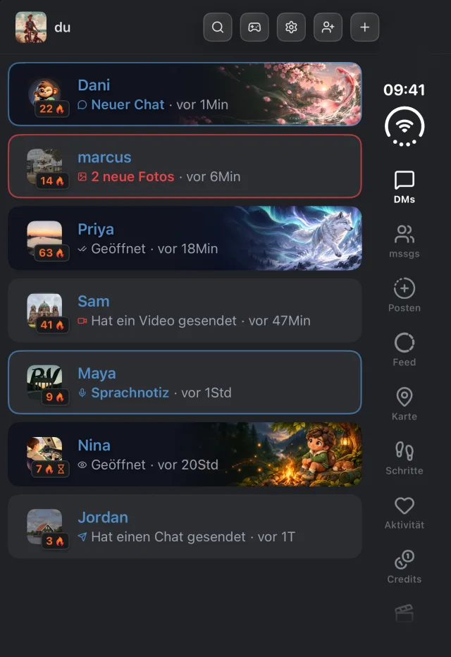 Screenshot der mssgs-App: Deine DMs auf dem Außendisplay des zugeklappten iPhone Duo