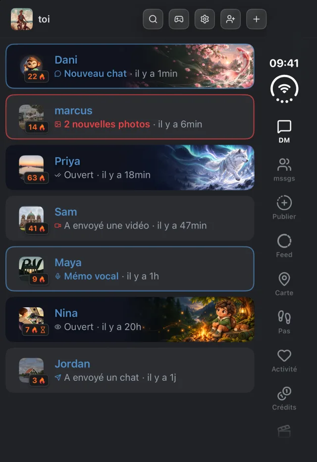 Capture d’écran de l’application mssgs: Tes DM sur l’écran extérieur de l’iPhone Duo replié