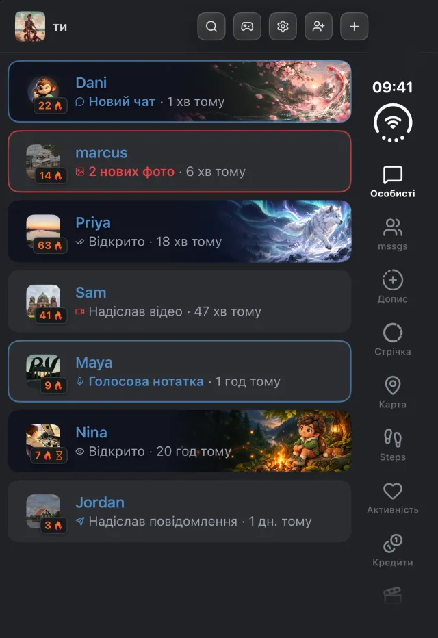 Знімок екрана застосунку mssgs: Ваші особисті чати на зовнішньому екрані складеного iPhone Duo