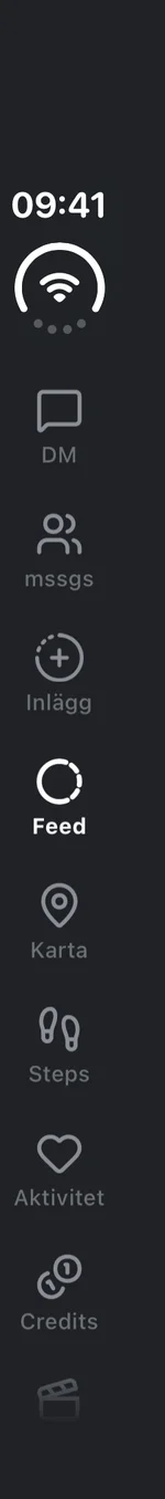 Skärmbild från mssgs-appen: mssgs-feeden på ytterskärmen på den hopfällda iPhone Duo