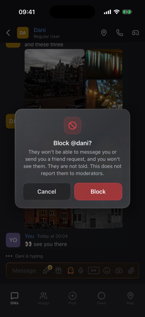 Screenshot of the mssgs app: Blocking is quiet: they are not told