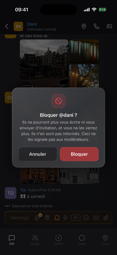 Capture d'écran de l'application mssgs: Bloquer est discret : la personne n'est pas prévenue