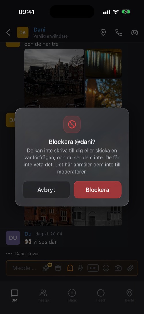 Skärmbild från mssgs-appen: Blockering sker i tysthet: personen får inte veta det