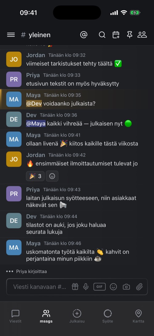 Yhteisön tekstikanava, jossa on mainintoja ja reaktioita
