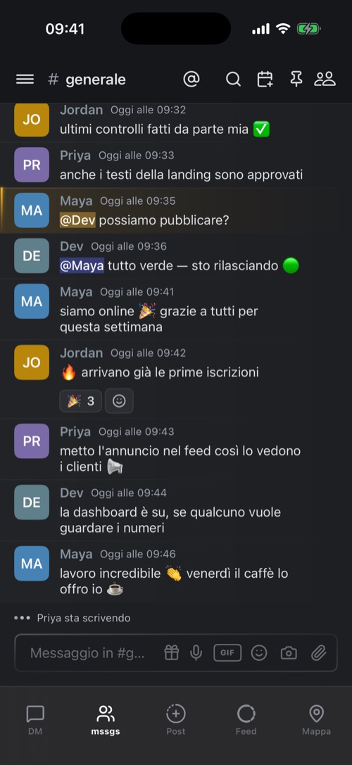 Un canale di testo in una community con menzioni e reazioni