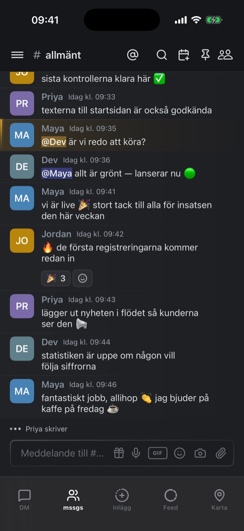 En textkanal i en community med omnämnanden och reaktioner