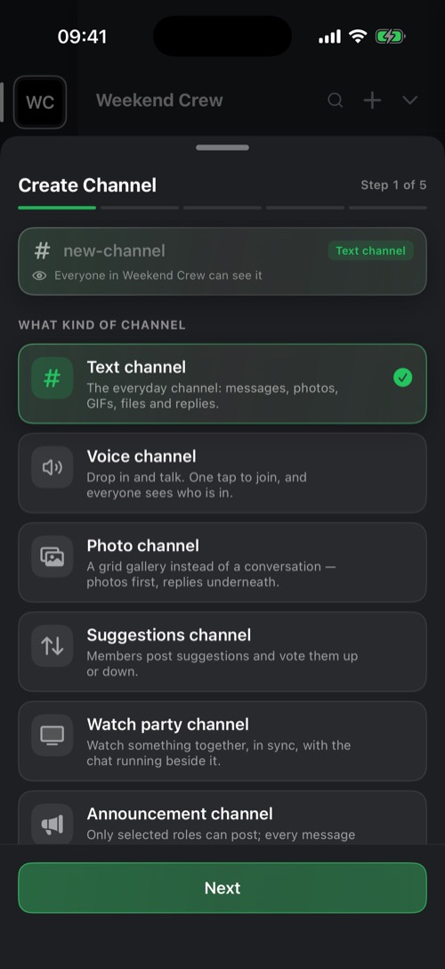 Das Fenster Kanal erstellen mit den Kanalarten