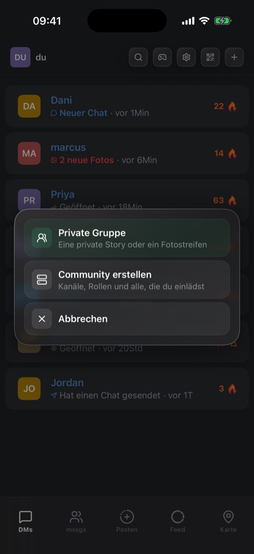 Das Menü zum Erstellen mit Private Gruppe, Community erstellen und Abbrechen