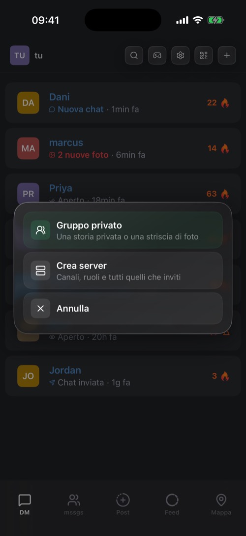 Il menu di creazione con Gruppo privato, Crea server e Annulla