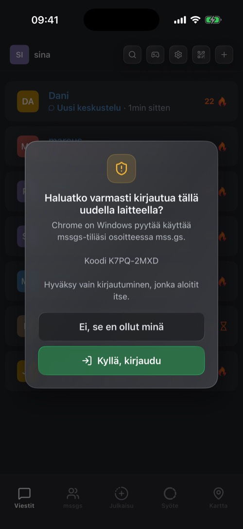 Ikkuna, joka kysyy Haluatko varmasti kirjautua tällä uudella laitteella