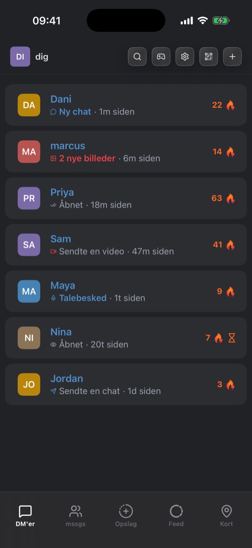 Chatlisten i mssgs med knapperne øverst og bundbjælken