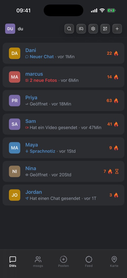 Die Chatliste von mssgs mit den Buttons oben und der unteren Leiste