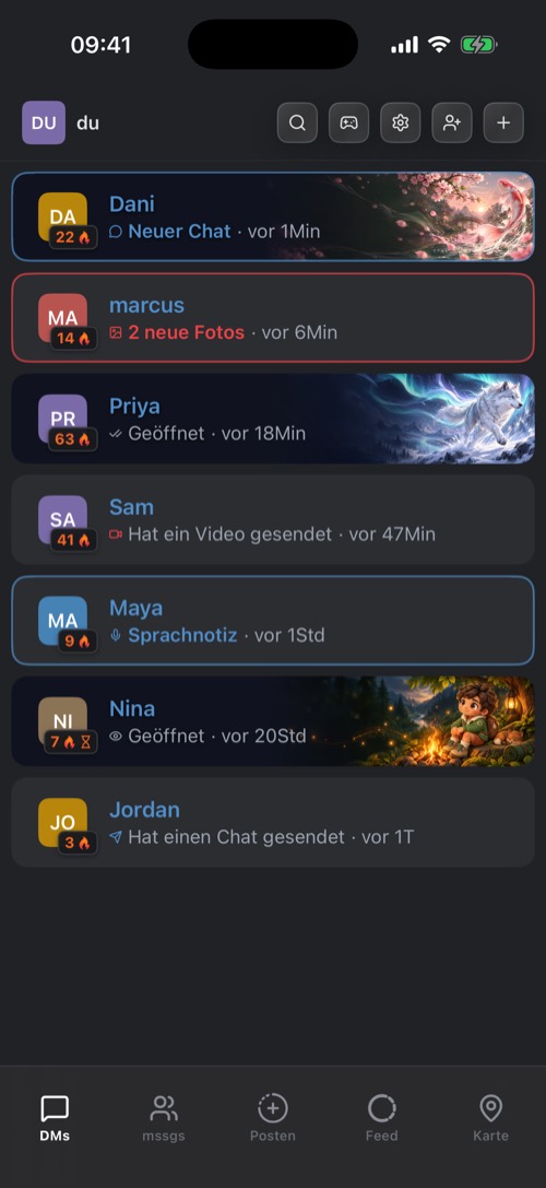 Screenshot der mssgs-App: Deine Chats, mit Streaks