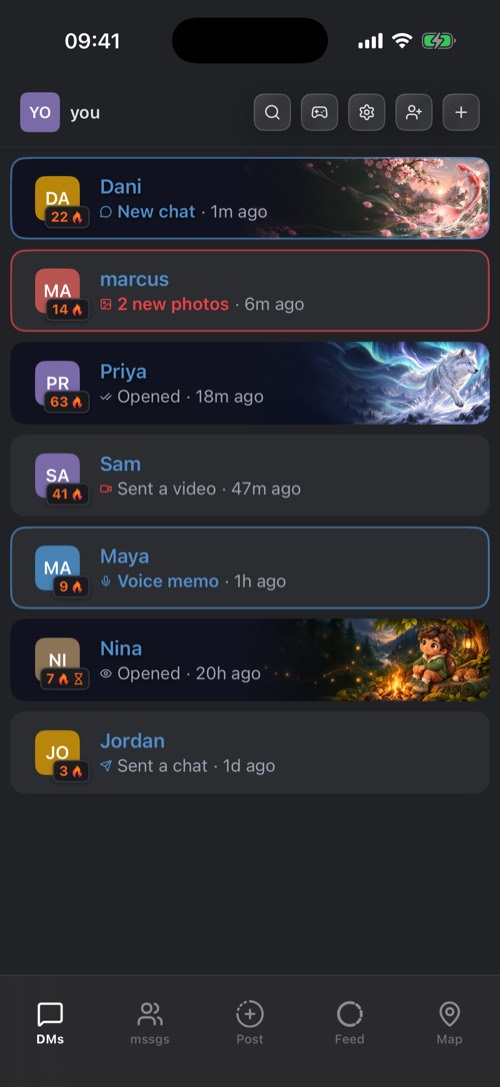 Screenshot of the mssgs app: Your chats, with streaks