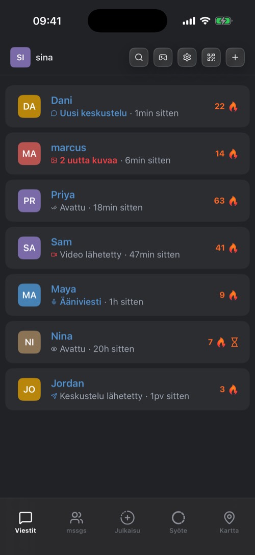 mssgs:n keskustelulista, yläreunan painikkeet ja alapalkki