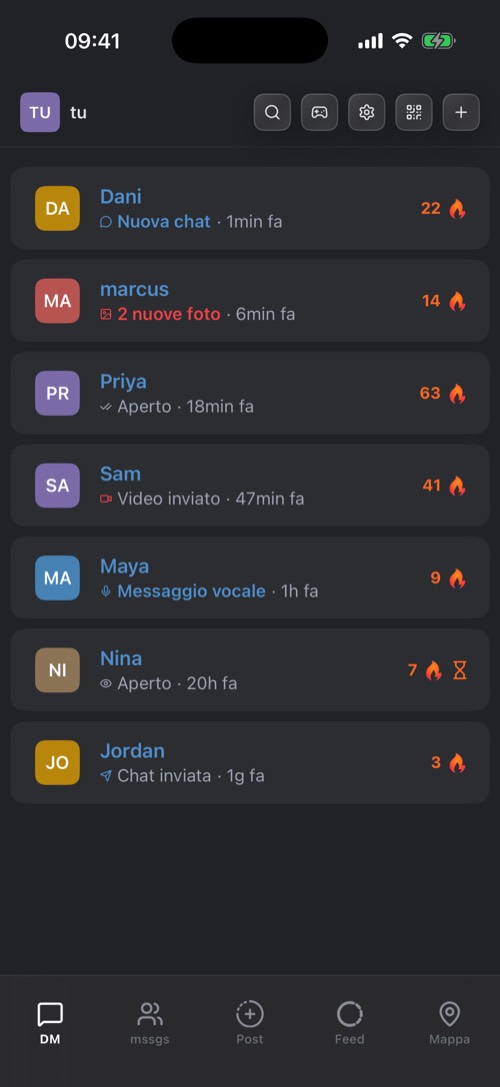 L'elenco delle chat di mssgs con i pulsanti in alto e la barra in basso