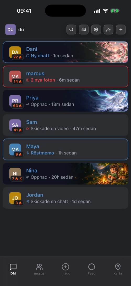 Skärmbild från mssgs-appen: Dina chattar, med sviter