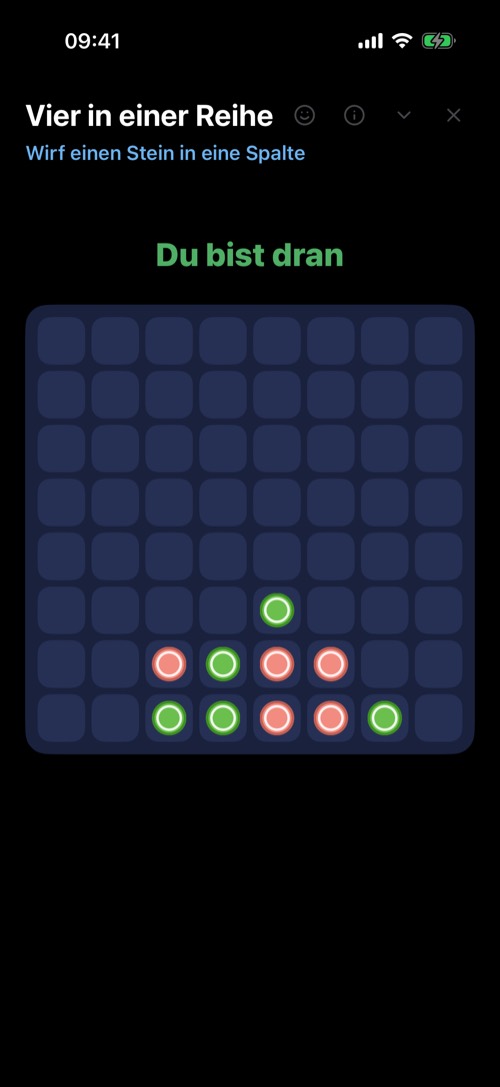Screenshot der mssgs-App: Vier in einer Reihe, mitten im Spiel