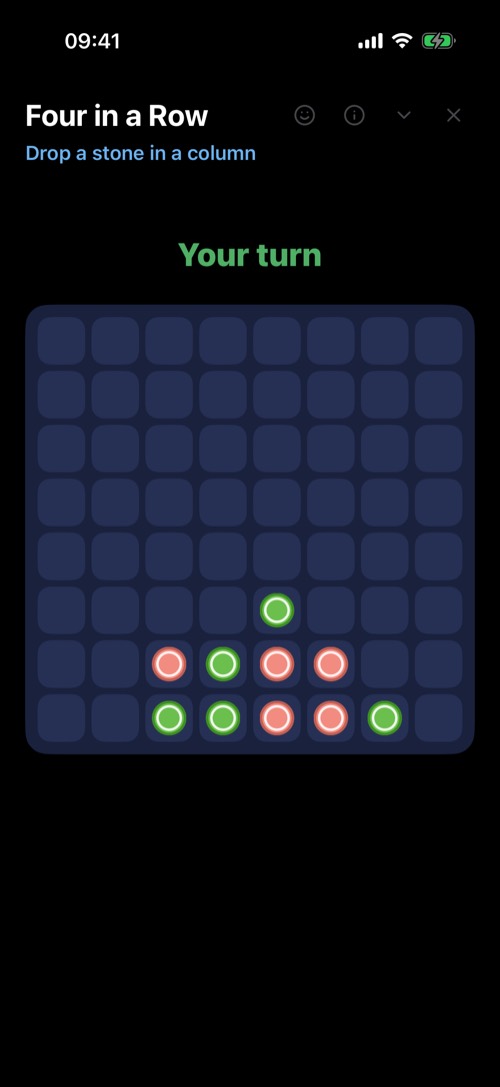 Screenshot of the mssgs app: Four in a Row, mid-game