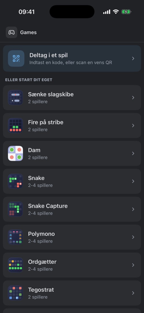 Skærmbillede af mssgs-appen: Fanen Spil: deltag med en kode, eller start et