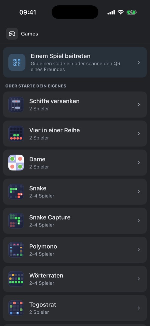 Screenshot der mssgs-App: Der Tab Spiele: mit einem Code beitreten oder eines starten