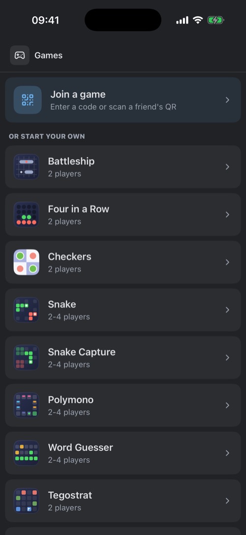 Screenshot of the mssgs app: The Games tab: join with a code or start one