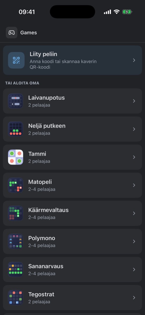 Kuvakaappaus mssgs-sovelluksesta: Pelit-välilehti: liity koodilla tai aloita peli