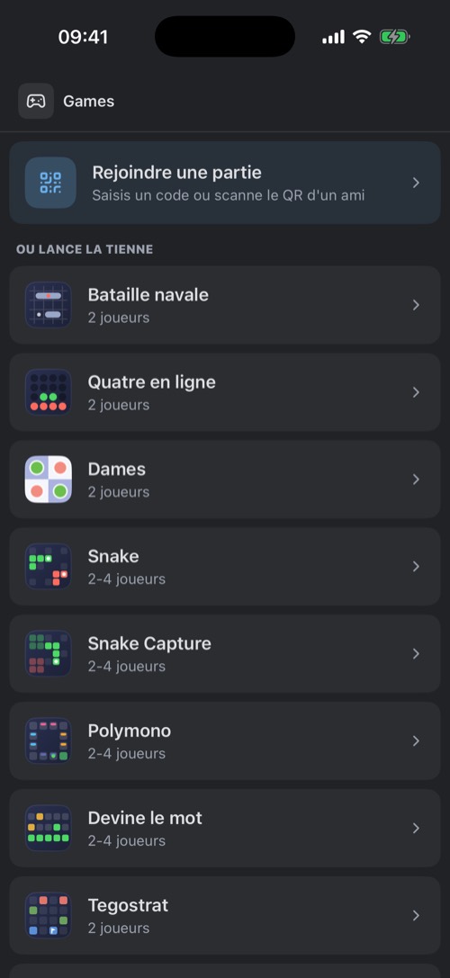 Capture d'écran de l'application mssgs: L'onglet Jeux : rejoignez une partie avec un code ou lancez-en une