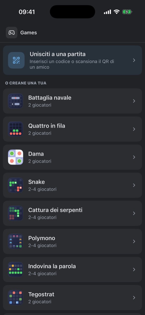 Screenshot dell'app mssgs: La scheda Giochi: entra con un codice o avviane una