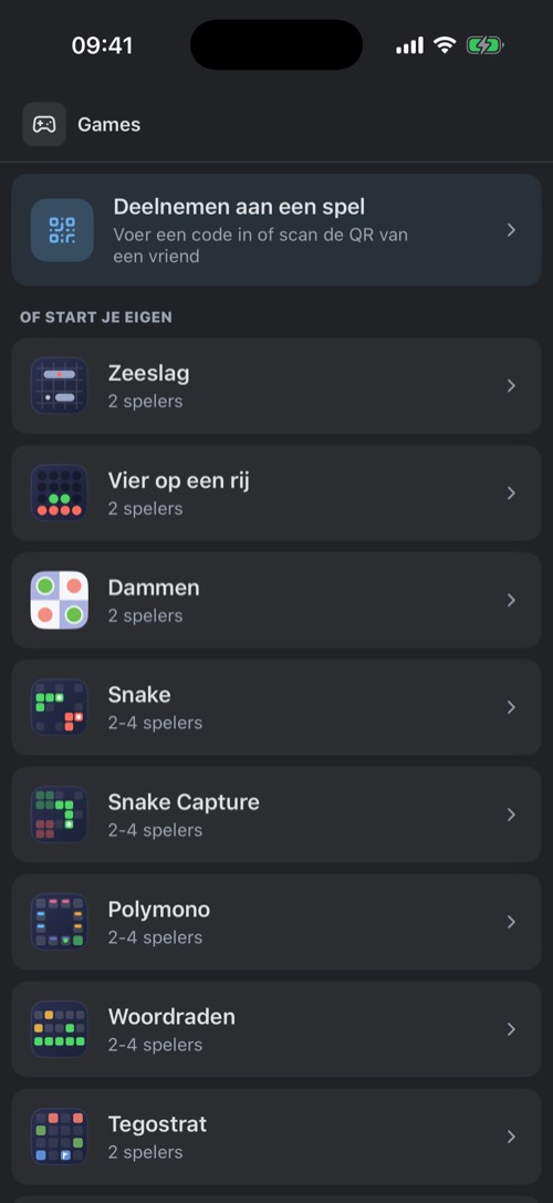 Het scherm Games met Deelnemen aan een spel en de lijst met negen games