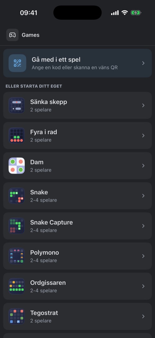 Skärmbild från mssgs-appen: Fliken Spel: gå med via en kod eller starta ett spel