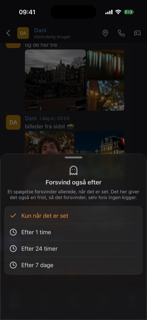 Mulighederne for Forsvind også efter: kun når det er set, efter 1 time, 24 timer eller 7 dage