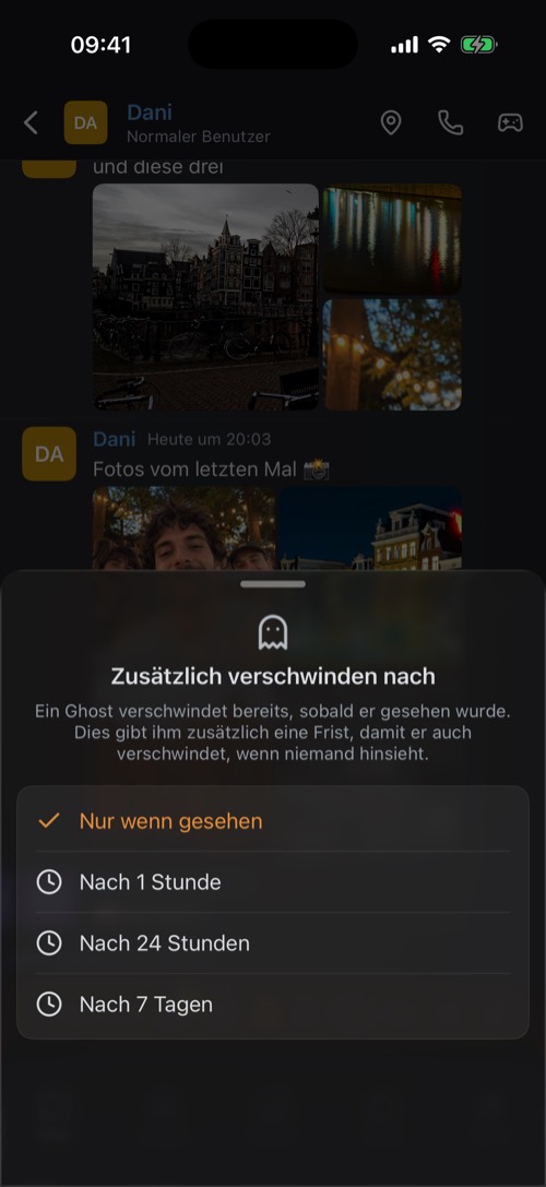 Die Optionen für Zusätzlich verschwinden nach: nur wenn gesehen, nach 1 Stunde, 24 Stunden oder 7 Tagen