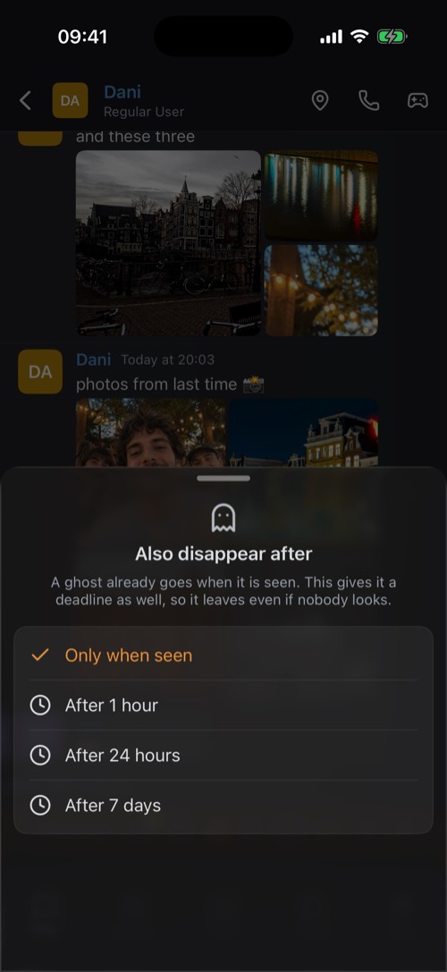 The Also disappear after options: only when seen, after 1 hour, 24 hours or 7 days