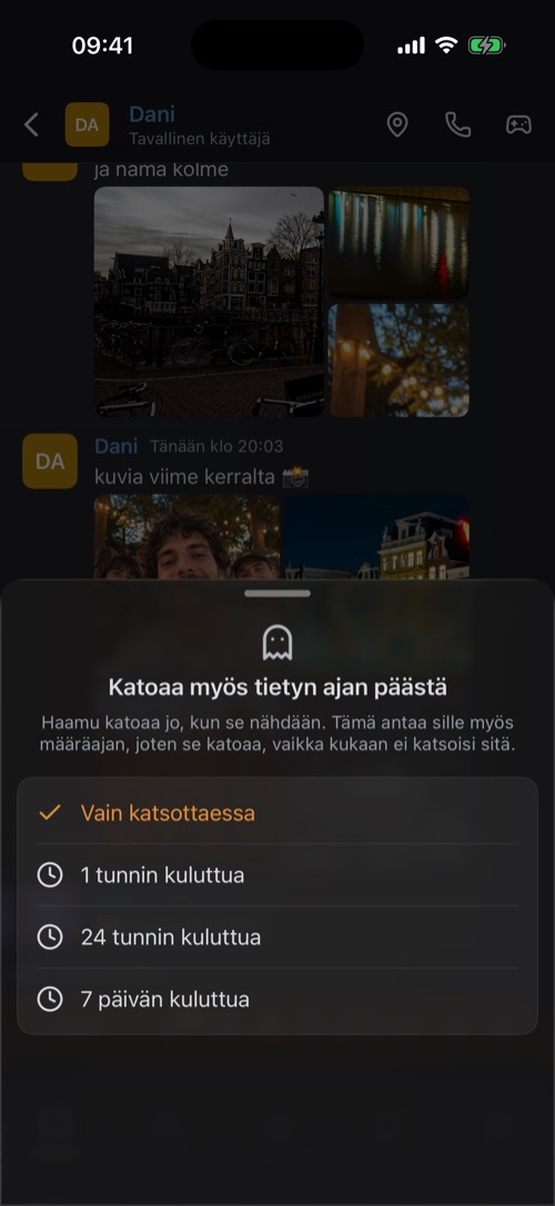 Katoaa myös tietyn ajan päästä -vaihtoehdot: vain katsottaessa, 1 tunnin, 24 tunnin tai 7 päivän kuluttua