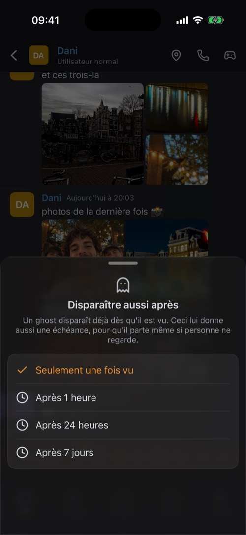 Les options Disparaître aussi après : seulement une fois vu, après 1 heure, 24 heures ou 7 jours
