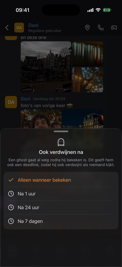 De opties voor Ook verdwijnen na: alleen wanneer bekeken, na 1 uur, 24 uur of 7 dagen