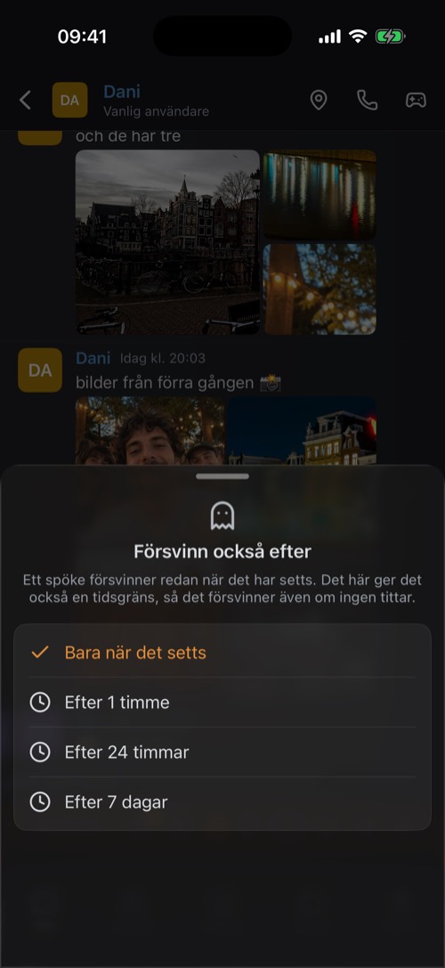 Alternativen för Försvinn också efter: bara när det har setts, efter 1 timme, 24 timmar eller 7 dagar