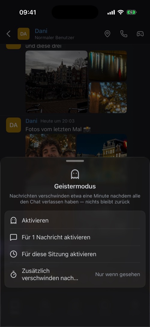 Screenshot der mssgs-App: Halt den Geister-Button gedrückt für mehr Optionen