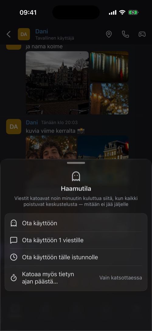 Kuvakaappaus mssgs-sovelluksesta: Pidä haamupainiketta painettuna, niin saat lisää vaihtoehtoja