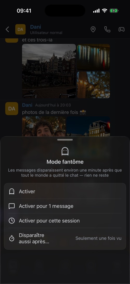 Capture d'écran de l'application mssgs: Appuyez longuement sur le bouton fantôme pour plus de choix