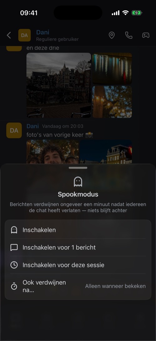 De opties voor ghost mode: inschakelen, voor één bericht, voor deze sessie