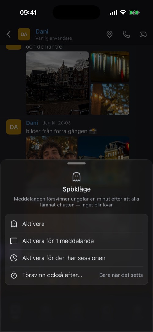 Skärmbild från mssgs-appen: Håll in spökknappen för fler val