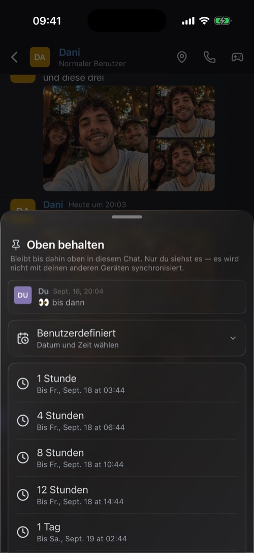 Das Fenster Oben behalten mit Dauern von einer Stunde bis zu einer Woche