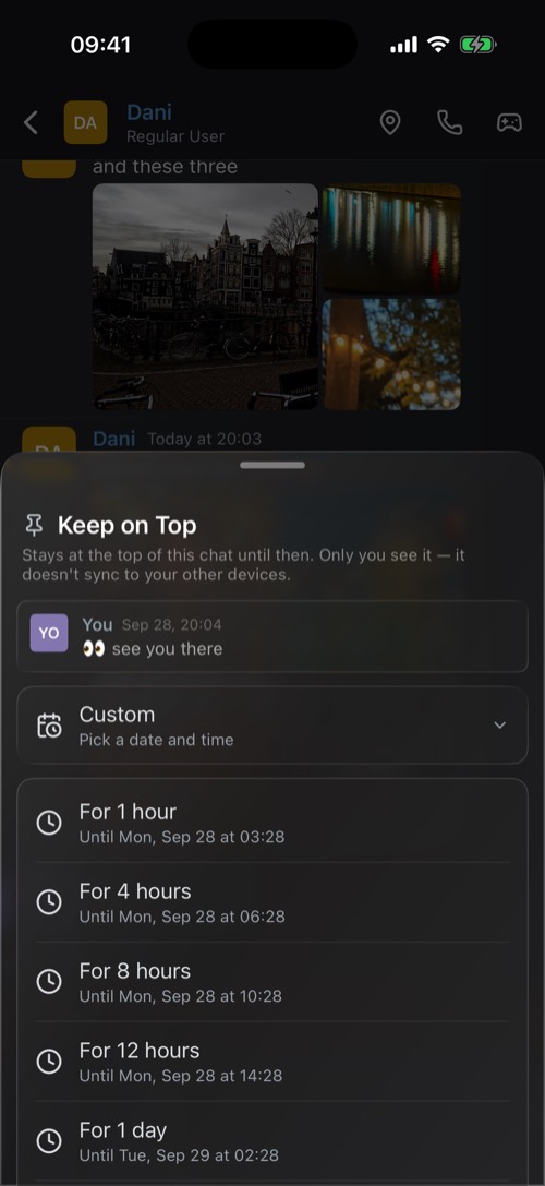 Screenshot of the mssgs app: Keep on Top: only you see it