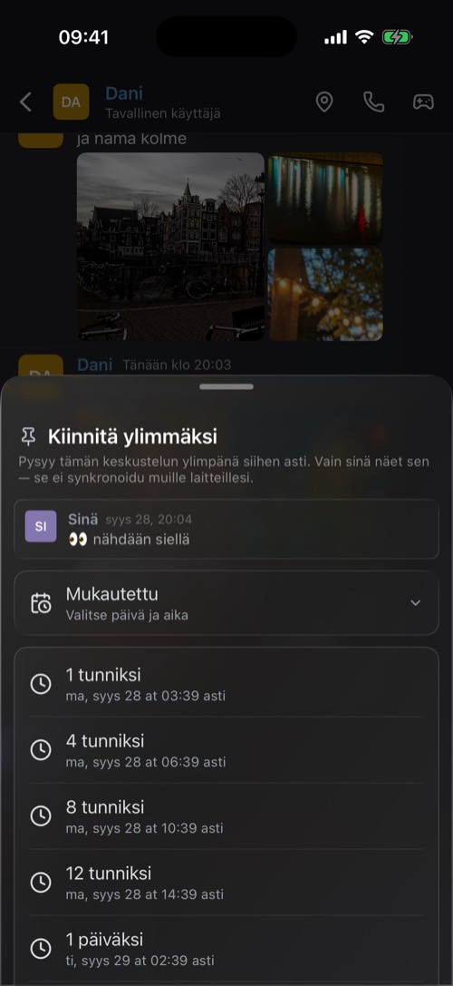 Kuvakaappaus mssgs-sovelluksesta: Pidä ylimpänä: vain sinä näet sen