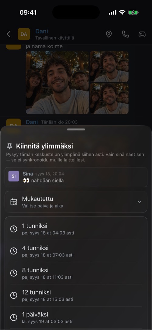 Pidä ylimpänä -valikko, jossa on kestot tunnista viikkoon