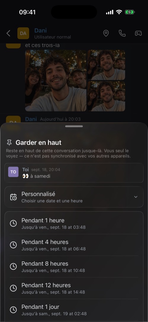 La fiche Garder en haut avec des durées d'une heure à une semaine
