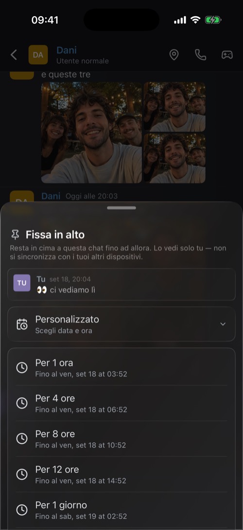 Il pannello Mantieni in alto con durate da un'ora a una settimana
